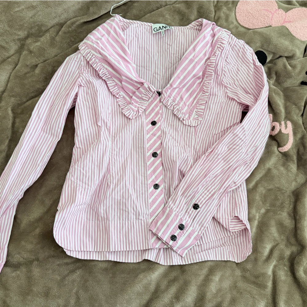 Ganni Pink & White Striped Shirt with Label Detail